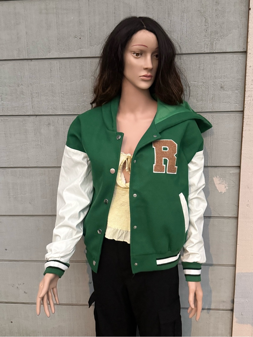 Women’s Better Be Green & White Hooded Varsity Letterman Jacket size L